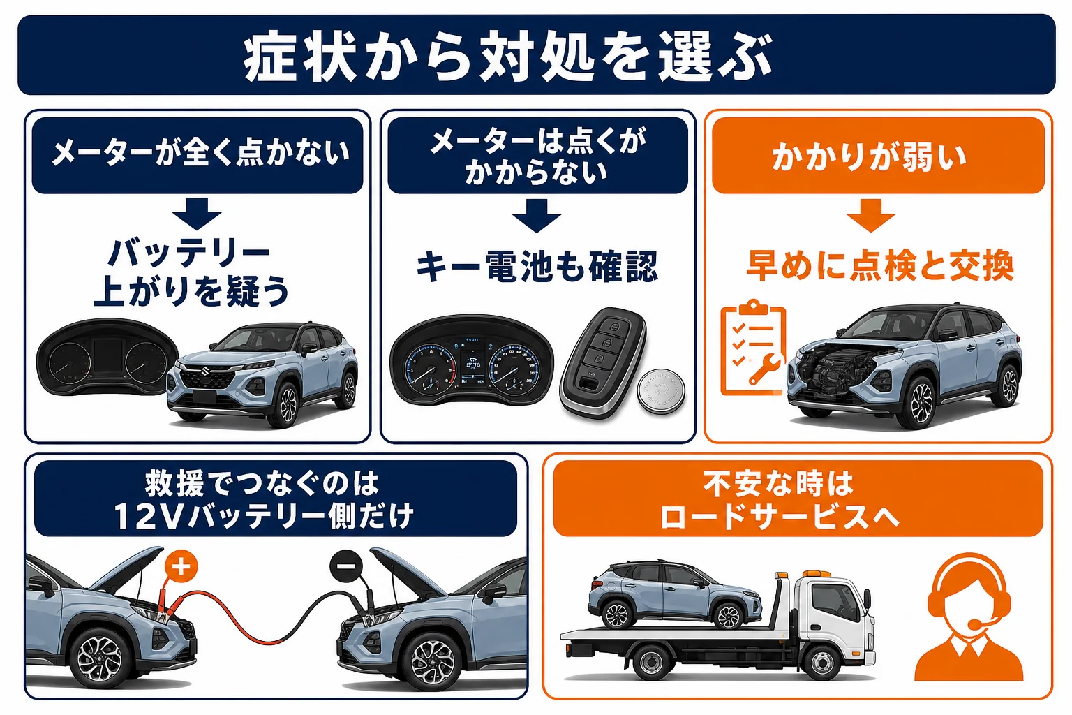フロンクスのバッテリーが上がった時に症状から対処を選ぶ流れの図解