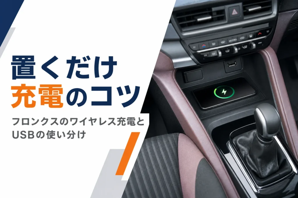 フロンクスのセンターコンソールでスマホをワイヤレス充電している様子