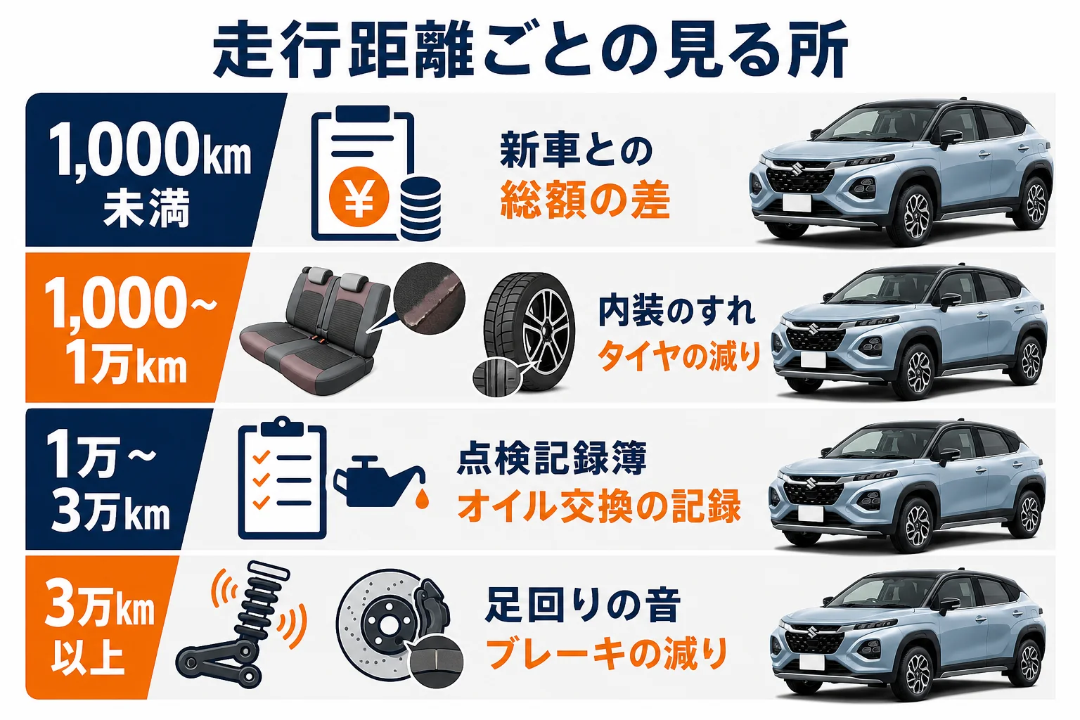 フロンクスの中古車を走行距離ごとに見ておきたい所を並べた図解