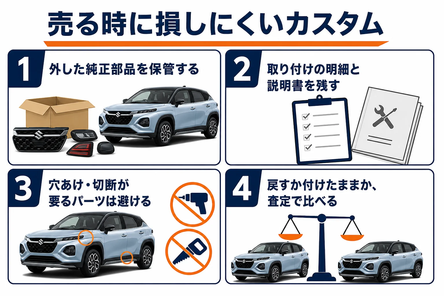 フロンクスのカスタムで売る時に損しにくくする手順を示した図解