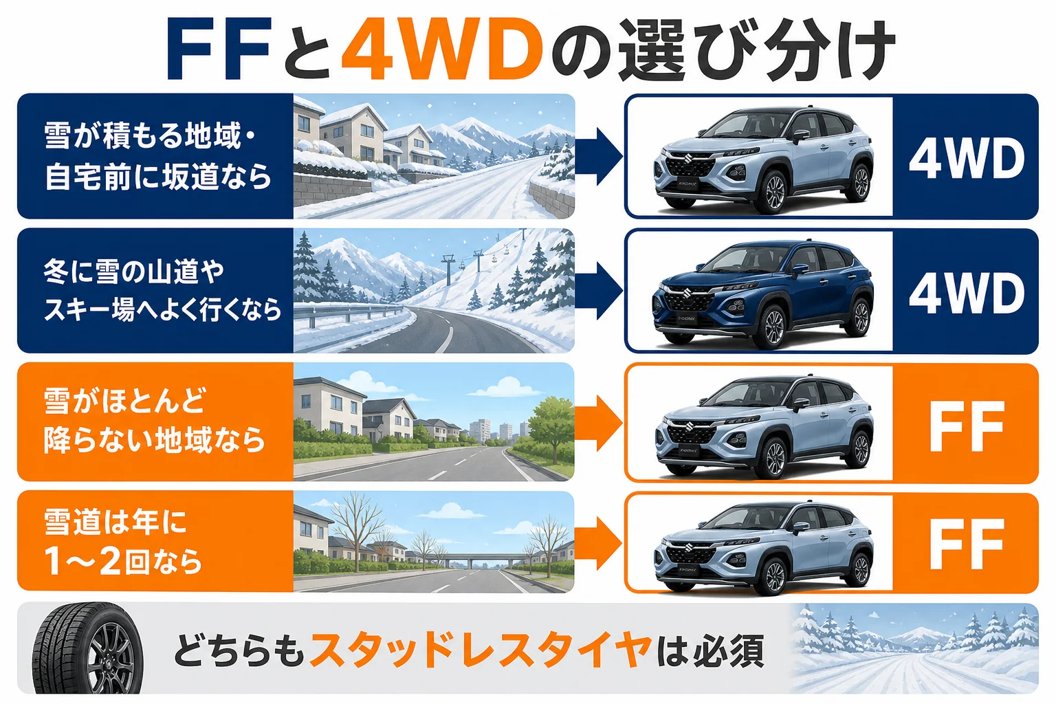 フロンクスのFFと4WDを住んでいる地域と雪道を走る頻度で選び分ける判断の図解