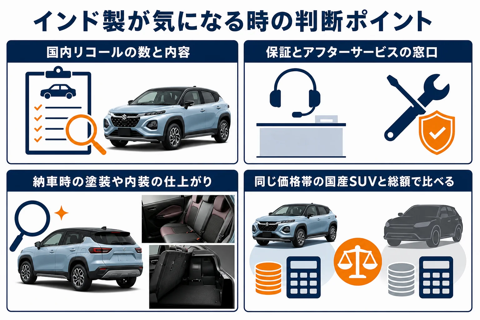 インド製のフロンクスを選ぶ前に確かめたいことを並べた図解