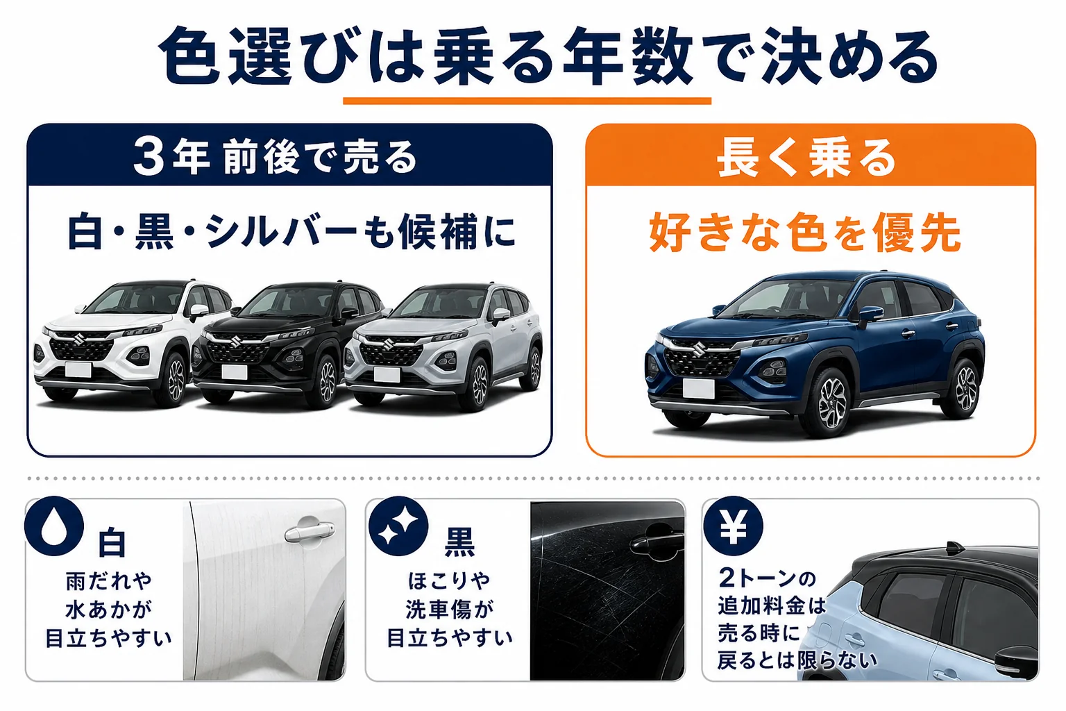 フロンクスの色選びを乗る年数と手入れのしやすさで考える図解