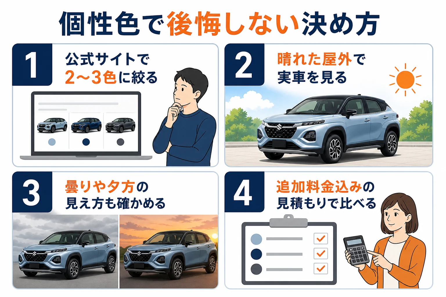 フロンクスの個性色を選ぶ前に確かめる順番と、売る時の考え方を示した図解