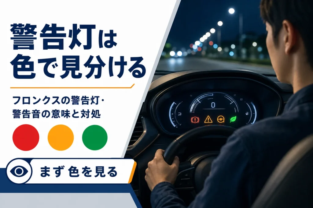 フロンクスの警告灯を色で見分ける方法を解説するアイキャッチ