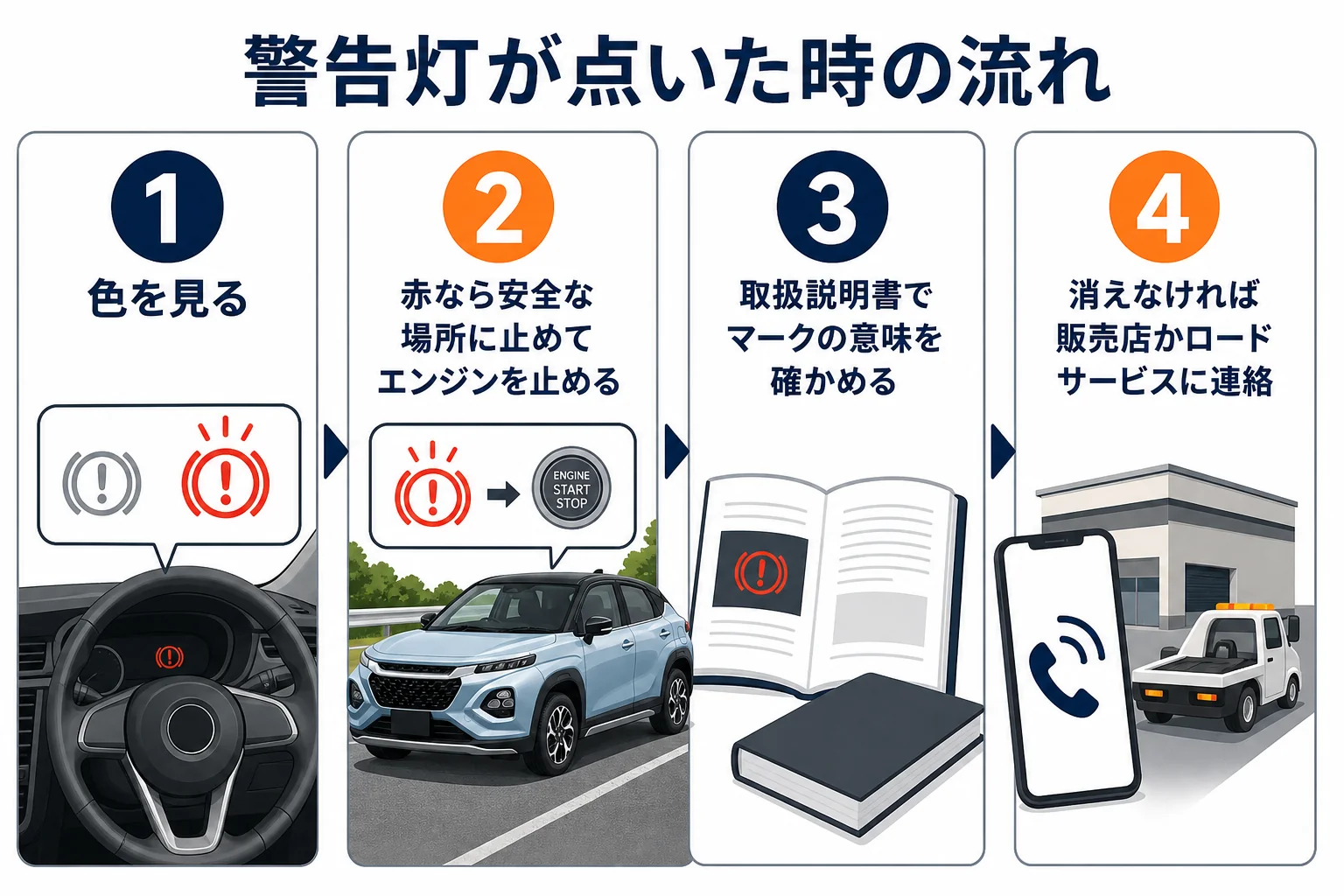 警告灯が点いた時の、止まる・確かめる・連絡するの流れを並べた図解