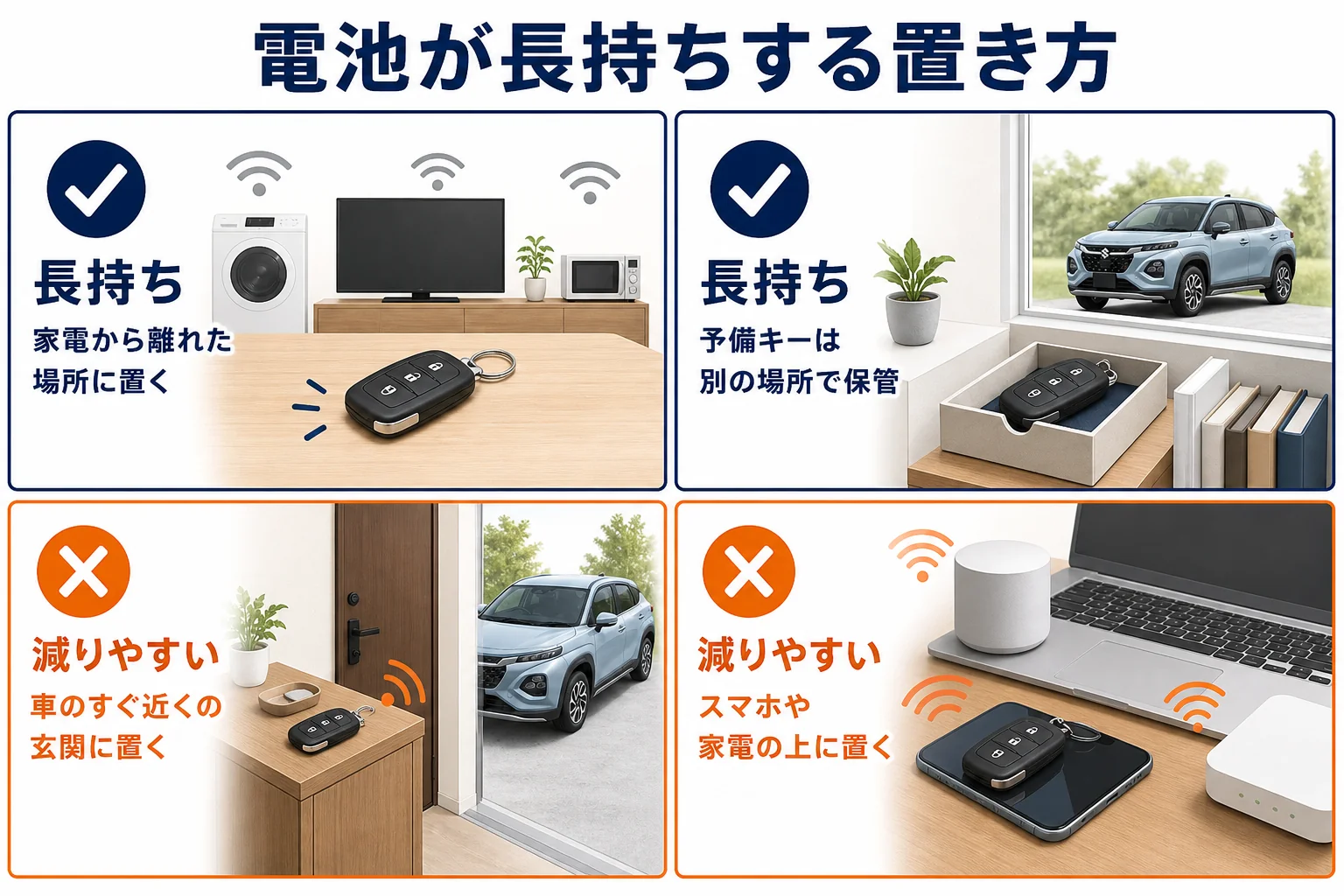 フロンクスのスマートキーの電池が長持ちしやすい置き方と、減りやすい置き方を比べた図解
