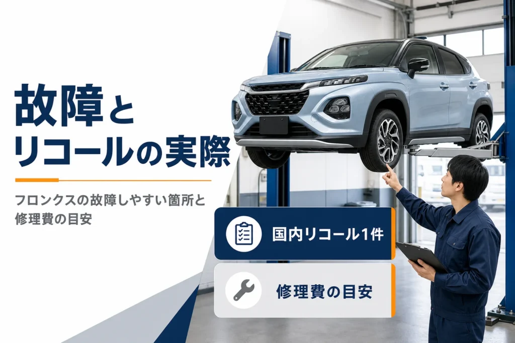 フロンクスの故障しやすい箇所とリコール、修理費の目安を解説するアイキャッチ