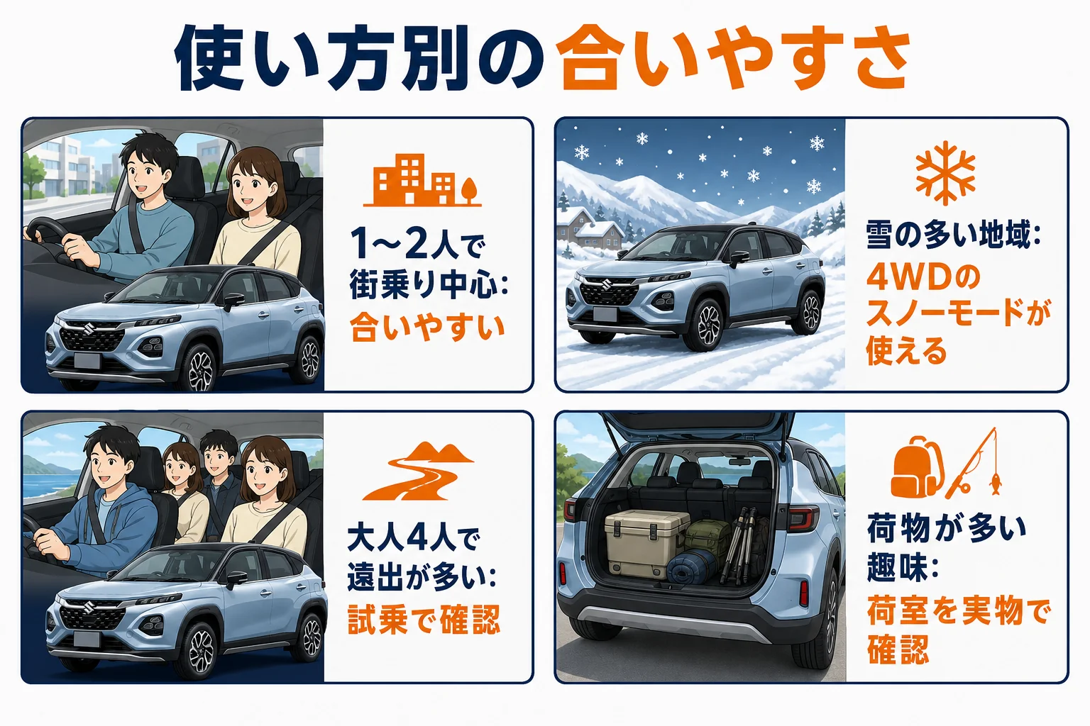 フロンクスが合いやすい使い方と試乗で確かめたい使い方を並べた図解