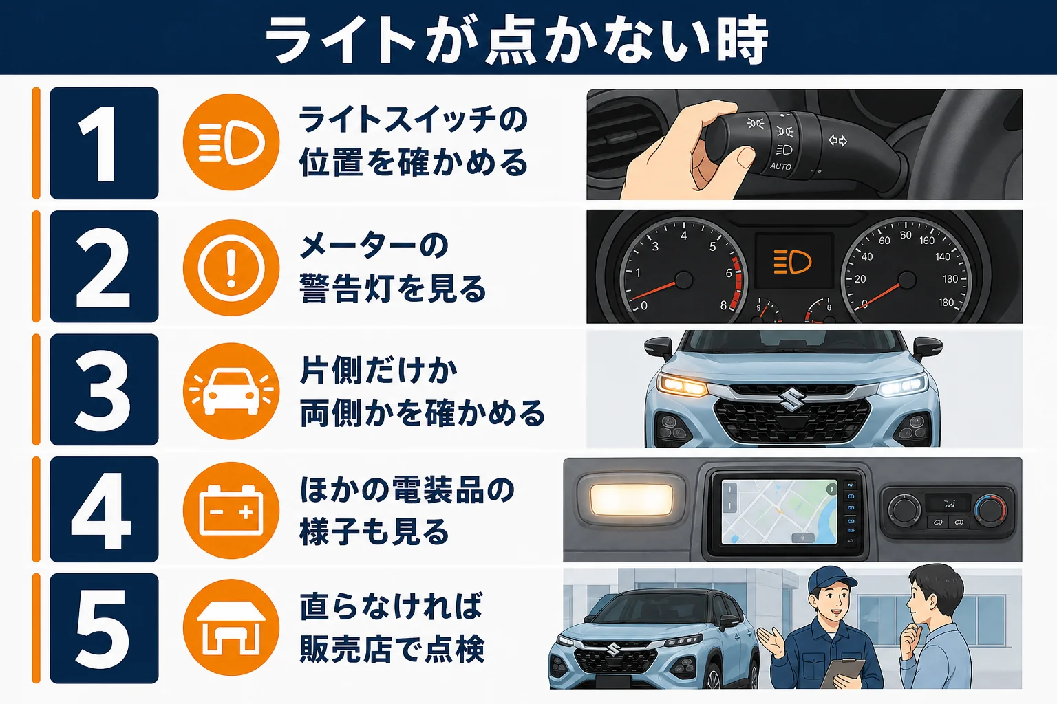フロンクスのヘッドライトが点かない時に確かめる順番を示した図解