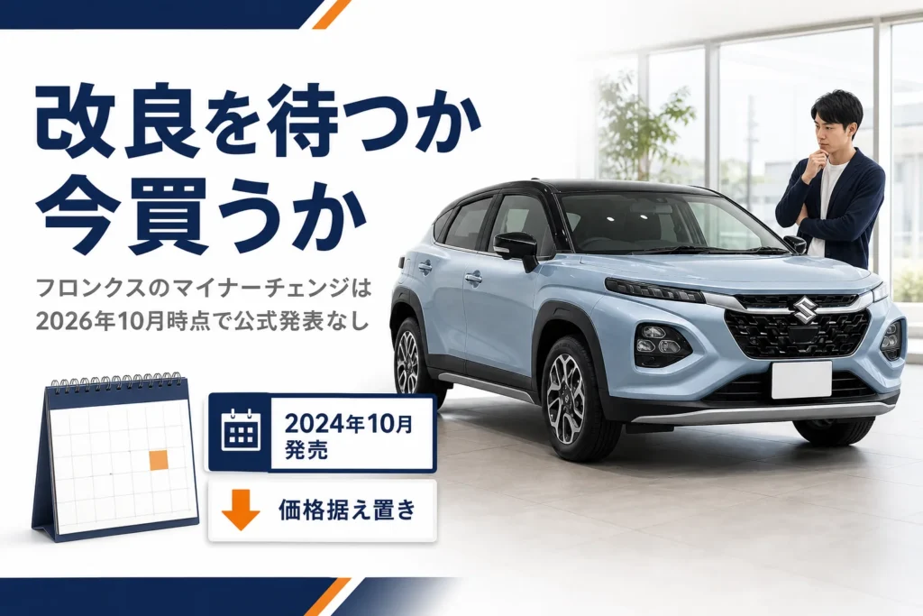 フロンクスのマイナーチェンジを待つか今買うかを解説するアイキャッチ