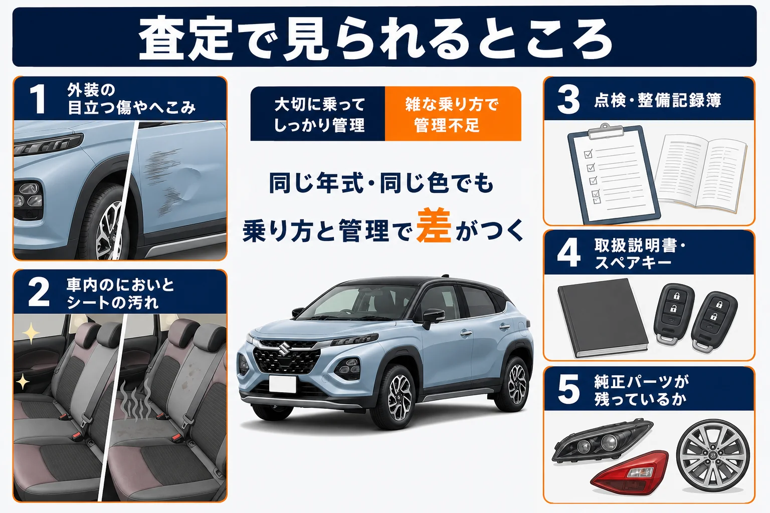 フロンクスのリセールを落とさないために、査定で見られやすいところをまとめた図解