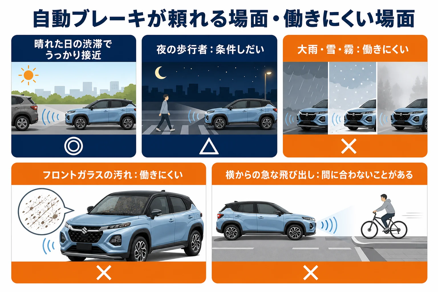 自動ブレーキが頼れる場面と働きにくい場面の比較