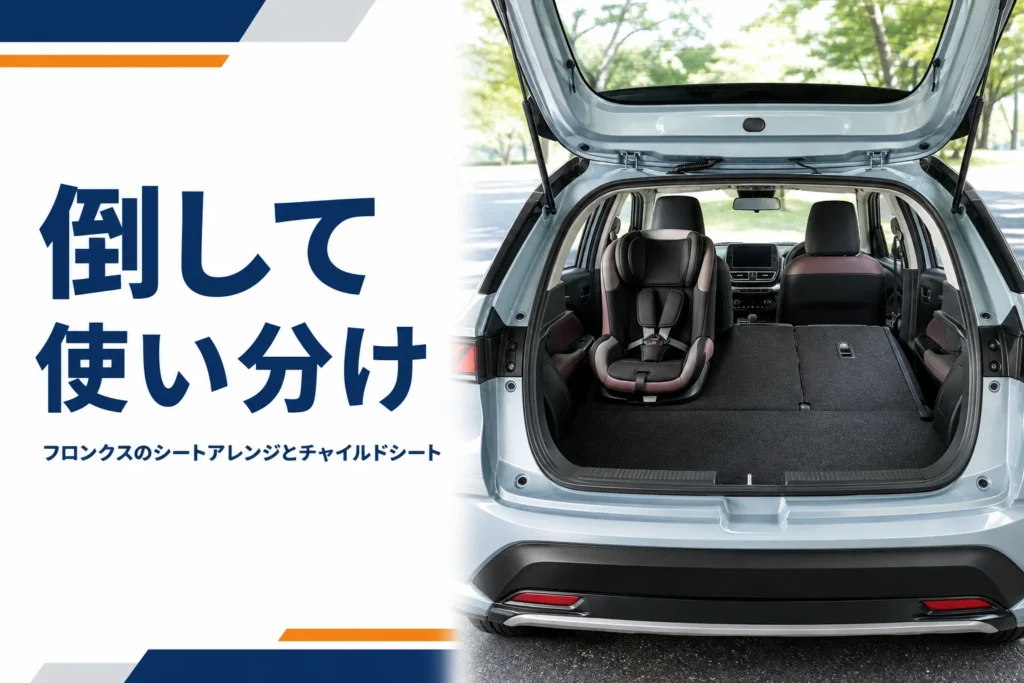 後ろの背もたれを倒したフロンクスの車内とチャイルドシート