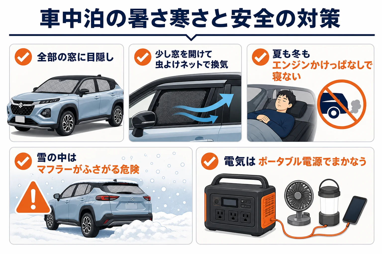 車中泊の暑さ寒さと安全の対策