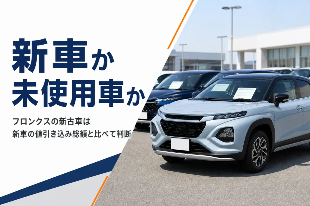 フロンクスの新車と新古車（未使用車）のどちらが得かを解説する記事のアイキャッチ