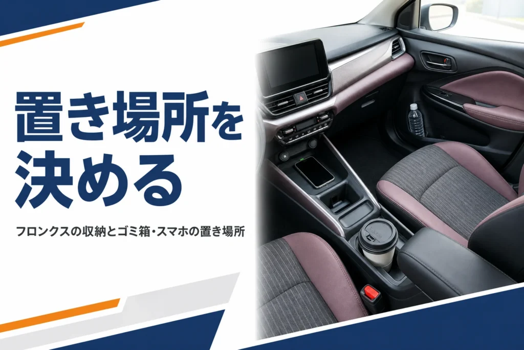 フロンクスのセンターコンソールとドアポケットに物を収めた様子