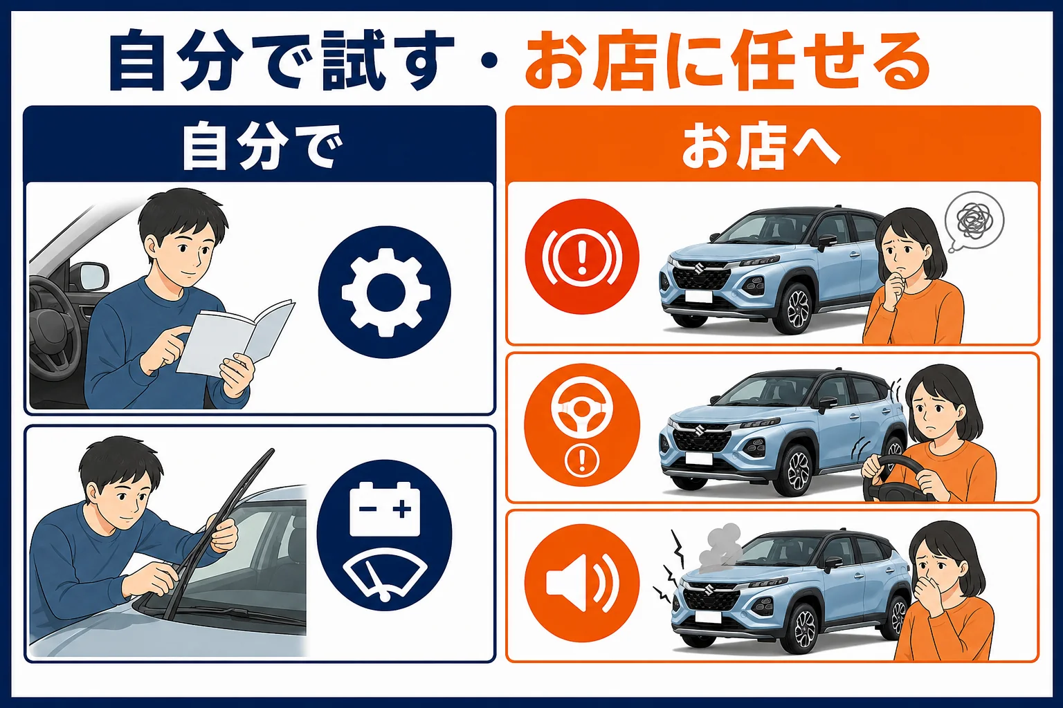 フロンクスで困った時に、自分で試すことと販売店に任せることを分けた図解