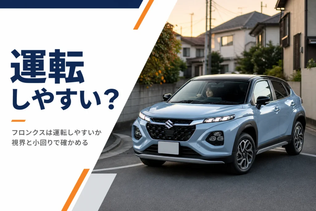 フロンクスが住宅街の角を曲がる場面を写した運転しやすさの解説記事のアイキャッチ