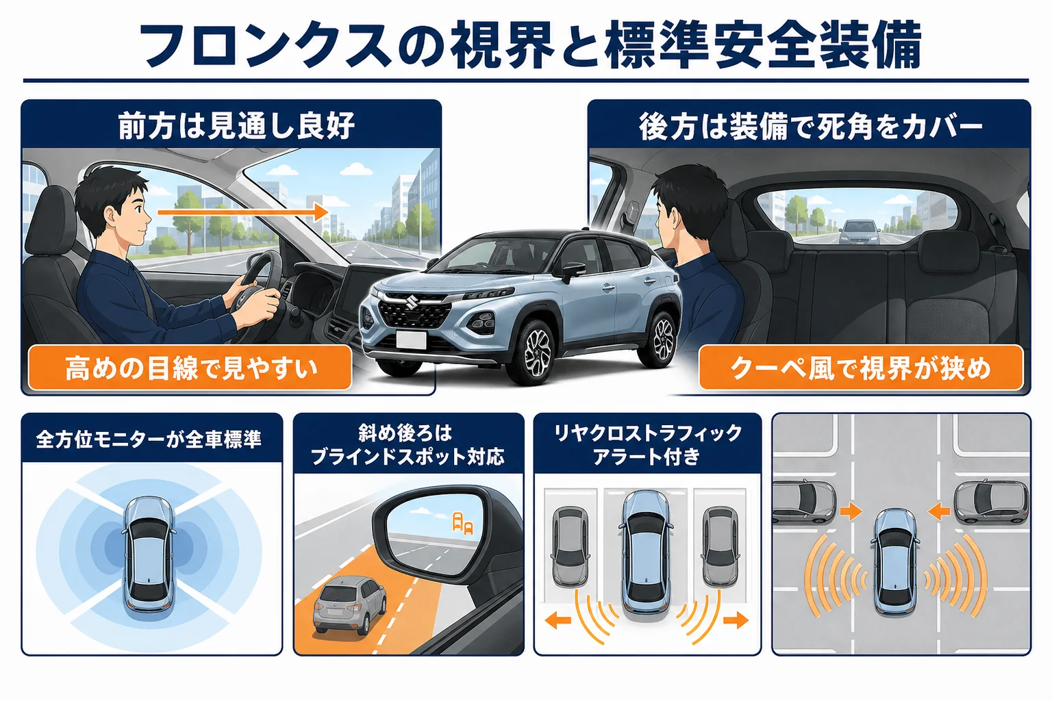 フロンクスの前方・後方視界と全方位モニターなど標準安全装備の関係を示した図解